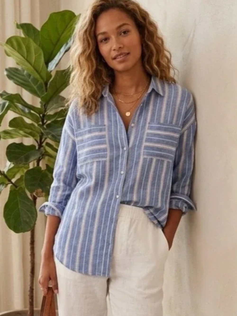 J. Jill "Love Linen" Mixed Directional Stripe Long-Sleeve Button Down NWOT/sz XL